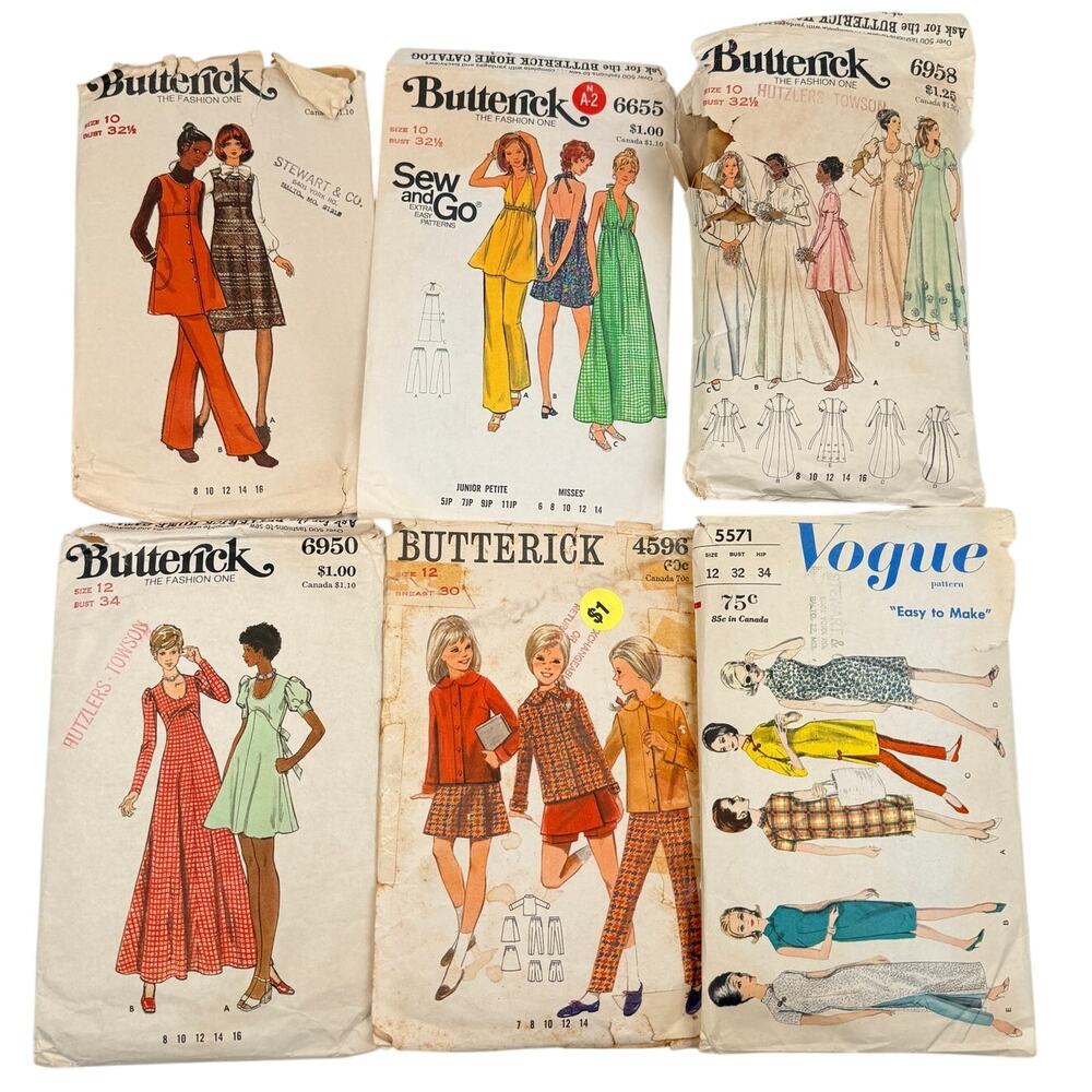 Vintage Butterick & Vogue Sewing Patterns Lot of 6 60s 70s Dress Sewing